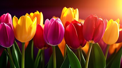 Wall Mural - Springtime field of pink yellow tulips basking in the sunset, ideal for a beautiful floral banner.