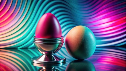 Aufkleber - A vibrant pink and blue Easter egg in a silver egg cup rests on a reflective surface with a blurry colorful background.