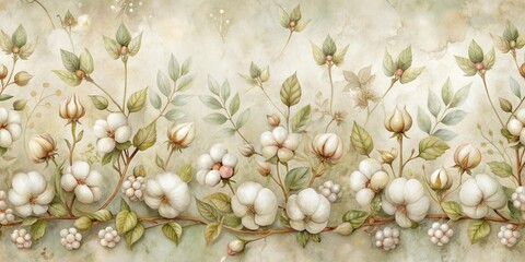 Poster - Delicate White Flowers Blossom on Branches with Lush Green Leaves, Creating a Whimsical Floral Pattern