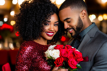 Happy African couple dressed festively, enjoying Valentine's Day with red roses in a restaurant.