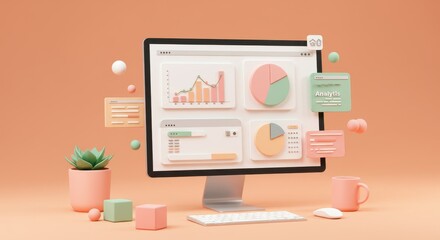 Poster - 3D scene of a computer monitor displaying a pastel colored analytics dashboard