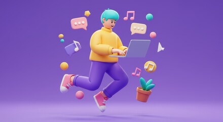 3D illustration of a playful character floating while typing on a laptop