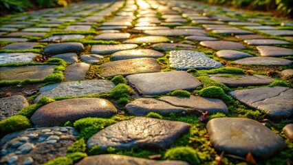 Fototapete - Cobblestone path lined with vibrant green moss, bathed in the warm glow of the setting sun
