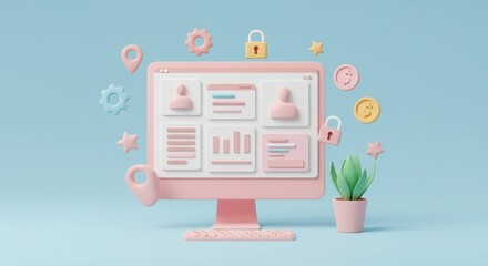 Poster - 3D illustration of a pastel pink desktop computer displaying an analytics dashboard with charts and user icons