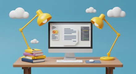 Fototapete - 3D illustration of a desktop computer displaying a document being edited with text and icons