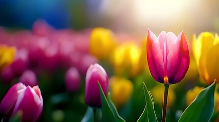 Wall Mural - Pink tulip standing out in a field of yellow pink tulips during spring.