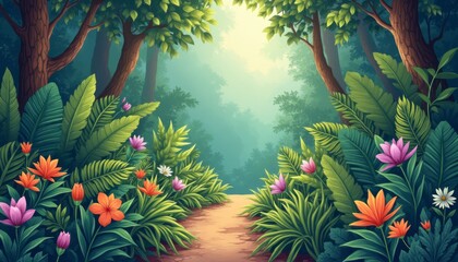 Wall Mural - A serene forest path meanders through a lush landscape, framed by vibrant flowers and towering trees. The enchanting atmosphere invites exploration, with colorful blooms adding a touch of magic to the