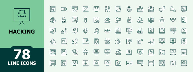 Hacking icon set. Includes thin line data, risk, spy, phishing, bug, criminal and more. Minimalist outline symbol collection. Editable vector stroke.