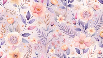 Poster - Delicate Watercolor Floral Pattern with a Soft Lavender Background, Featuring Various Flower Shapes, Buds, and Gentle Foliage