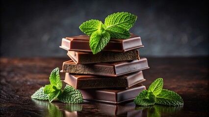 Poster - A Stack of Dark Chocolate Bars Adorned with Fresh Mint Leaves on a Rustic Wooden Surface