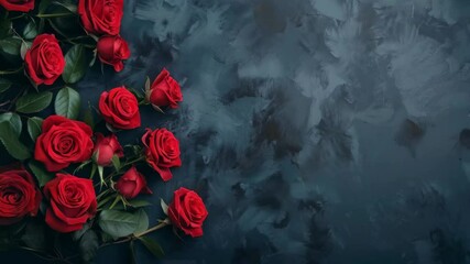 Wall Mural - Top view of red rose flowers bouquet with copy space on dark background