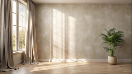 Poster - A Minimalist Interior With Sunbeams Streaming Through a Window and a Plant in a Pot