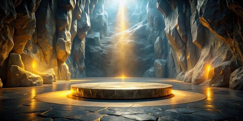 Poster - A golden pedestal platform nestled between majestic rock formations, bathed in ethereal golden light from an unseen source
