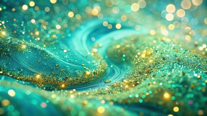 Poster - A sparkling turquoise and gold abstract background with a swirling pattern and out of focus lights