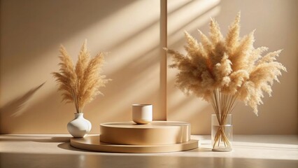Poster - Minimalist Beige Background with Dried Pampas Grass in Vases and a Cylinder on a Platform