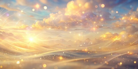 Poster - A celestial landscape with ethereal clouds, golden light, and shimmering stars, evoking a sense of wonder and tranquility.
