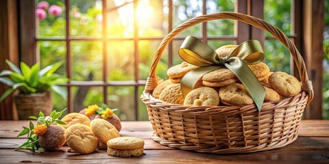 Aufkleber - A wicker basket filled with freshly baked cookies, tied with a green ribbon, sits on a wooden table beside a window with a view of a green garden, bathed in the warm glow of sunlight.
