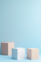 Poster - Three boxes are on a blue background. The boxes are white and brown. The boxes are arranged in a row
