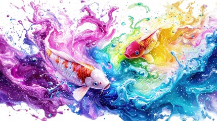 Two vibrant koi fish swim in a colorful, abstract splash of paint.