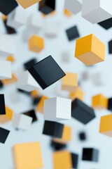 Poster - A bunch of cubes in the air, some are black and some are yellow. The cubes are scattered all over the image, creating a sense of chaos and disarray. The colors of the cubes contrast with each other