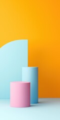 Poster - A blue and pink cube is standing next to a yellow cube. The cubes are placed in front of a yellow wall
