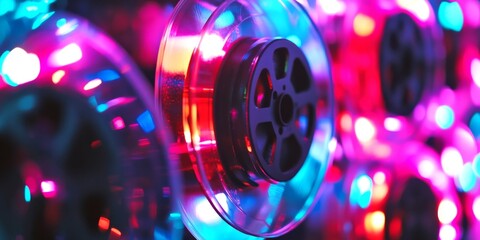 Poster - A vibrant display of retro audio reels illuminated by colorful lights. The image showcases nostalgia and creativity in a modern style. Perfect for music and technology themes. AI