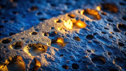 Fototapete - A close-up view of a weathered rock surface illuminated by the golden light of the setting sun, revealing a captivating pattern of circular indentations and a textured, rugged surface.