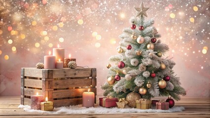 Poster - Festive Christmas Tree with Decorated Ornaments, Gifts, and Candles on a Wooden Crate