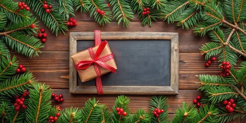 Poster - A rustic wooden background with a chalkboard, evergreen branches, and a wrapped gift, perfect for a festive holiday message.