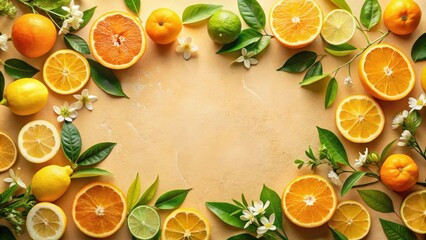 Poster - A Citrus Medley of Sliced Oranges, Limes, and Lemons Surrounded by Green Leaves and Delicate White Blossoms