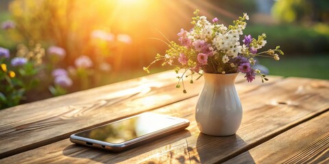 Poster - A bouquet of wildflowers in a white vase sits on a wooden table with a cell phone beside it, bathed in the warm glow of the setting sun.