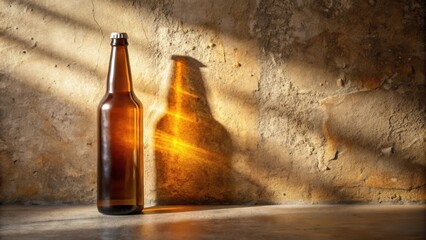 Poster - A single beer bottle stands against a rough, textured wall bathed in warm, sunlight creating a long, elongated shadow.