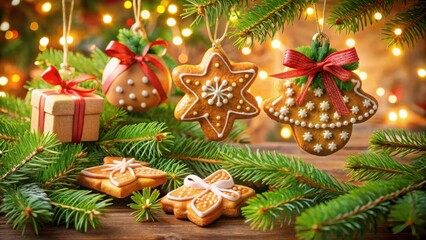 Poster - Festive gingerbread ornaments adorn a lush evergreen branch, their sugary sweetness radiating warmth and cheer amidst a shimmering backdrop of twinkling lights.