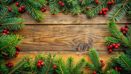 Poster - Rustic Christmas Background with Evergreen Branches and Red Berries on Weathered Wood