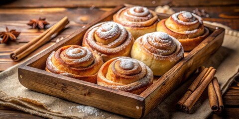 Poster - Freshly Baked Cinnamon Rolls in a Rustic Wooden Tray with a Sprinkle of Powdered Sugar and Aromatic Cinnamon Sticks
