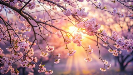 Poster - Delicate pink cherry blossoms dance in the golden glow of a setting sun, their delicate petals shimmering with light.