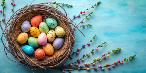 Poster - A Nest Filled with Colorful Easter Eggs Surrounded by Delicate Spring Branches on a Blue Wooden Surface