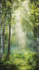  Beautiful forest scene with sunlight streaming through tall trees, creating a serene and peaceful atmosphere.