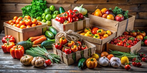 Poster - A colorful arrangement of fresh produce in wooden crates, showcasing a variety of red, yellow, and green vegetables and fruits on a rustic wooden surface.