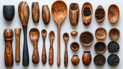 Wall Mural - Flat lay of olive wood kitchen utensils and peppercorns.