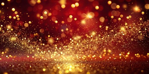 Poster - A dazzling background with shimmering golden glitter and out of focus lights on a deep red surface.