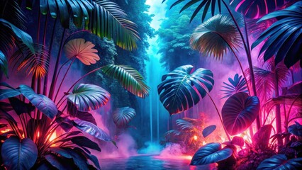 Aufkleber - Tropical rainforest scene with vibrant foliage and an ethereal waterfall illuminated with pink and blue neon lights.
