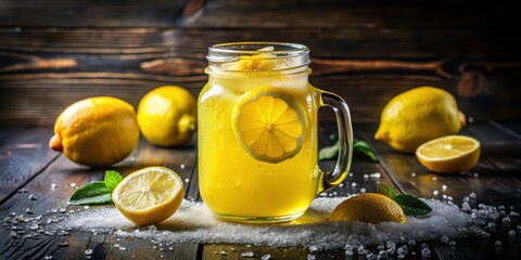 Poster - A Glass of Refreshing Homemade Lemonade with Sliced Lemon and Sugar on a Rustic Wooden Table