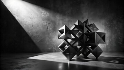 Poster - A Geometric Abstract Sculpture Illuminated by a Single Beam of Light in a Dark Room