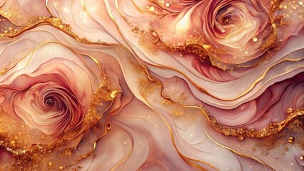 Poster - Abstract Art Delicate Pink and Golden Swirls, Fluid Art, Liquid Marble, Resin Art