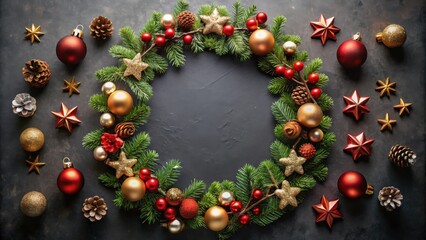 Poster - A Festive Christmas Wreath Adorned with Sparkling Ornaments and Star-Shaped Decorations on a Dark Background