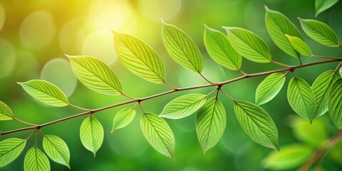 Aufkleber - A Branch of Vibrant Green Leaves Bathed in Warm Sunlight, showcasing the intricate details of nature's delicate design