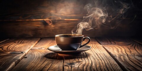 Aufkleber - A steaming cup of coffee rests on a rustic wooden table, the warm glow of the beverage contrasting with the dark wood grain.