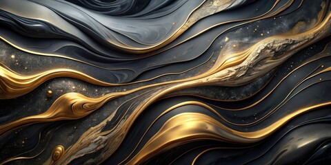 Poster - Abstract Wavy Pattern with Metallic Gold and Black Liquid Surfaces