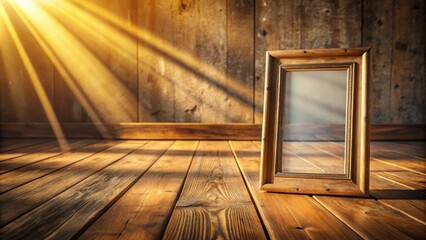 Poster - An empty wooden frame stands on a weathered wooden floor bathed in the warm glow of sunlight.